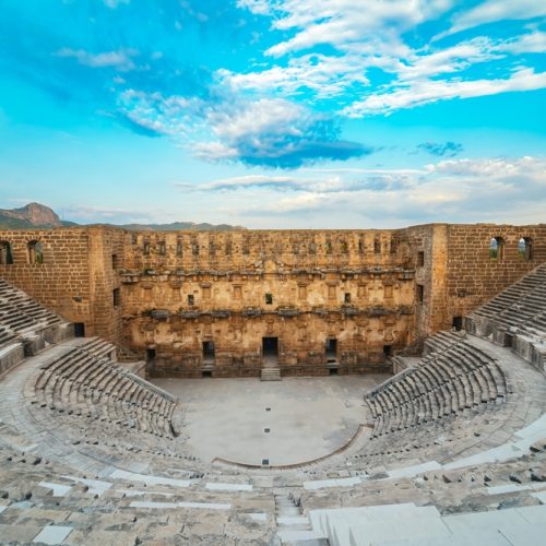 Aspendos,,Antalya.,Wide-angle,Panoramic,View,Of,The,Roman,Theater,In